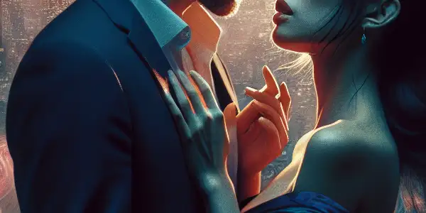 A couple shares an intimate moment in a vibrant urban landscape at dusk, reflecting love and desire.