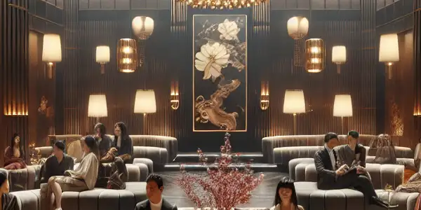 A luxurious adult entertainment salon with plush seating, ambient lighting, and well-dressed individuals enjoying an intimate atmosphere.