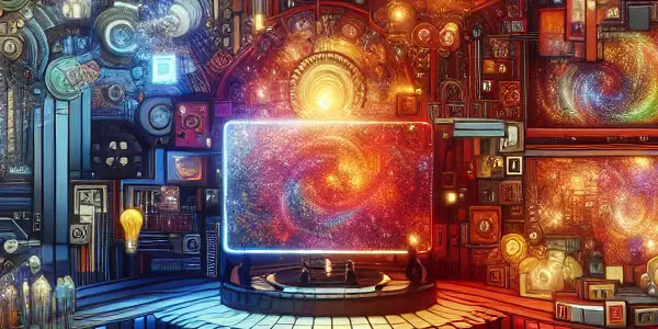 A vibrant digital scene depicting a luxurious, high-tech adult entertainment platform with diverse characters and dynamic visuals.