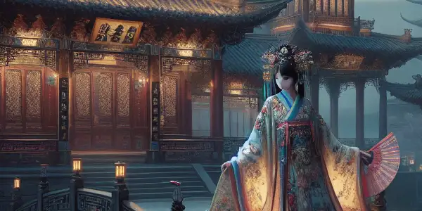 A twilight scene of an ancient Chinese palace with a graceful courtesan amid cherry blossoms and a serene pond.