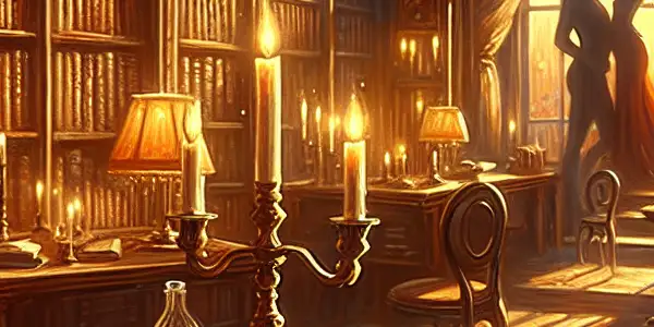A cozy, dimly lit library with ancient books, an intimate couple's silhouette, and a warm, inviting atmosphere.