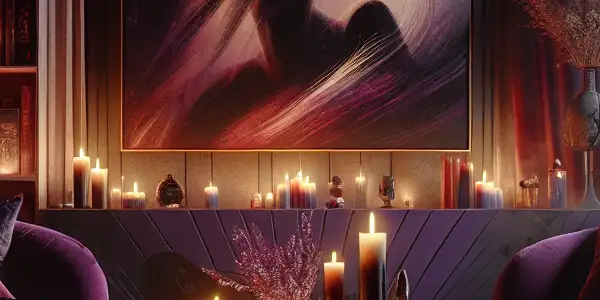 A cozy room with plush cushions, erotic novels, and a warm, intimate atmosphere featuring abstract film imagery.