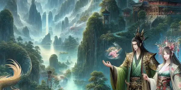 A vibrant fantasy landscape featuring a warrior and a mythical beast, embodying adventure and forbidden romance.