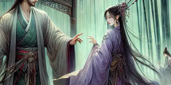 A passionate encounter between a hero and heroine in a misty, moonlit bamboo forest.