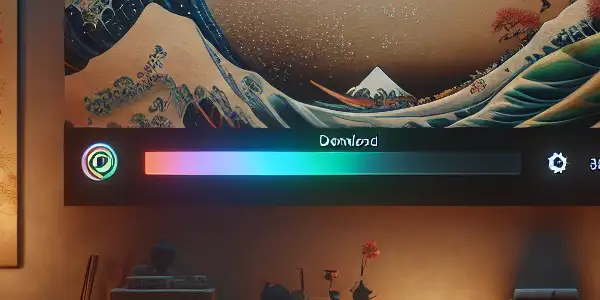 A cozy, dimly lit room with a large screen displaying abstract visuals and a laptop on a coffee table.