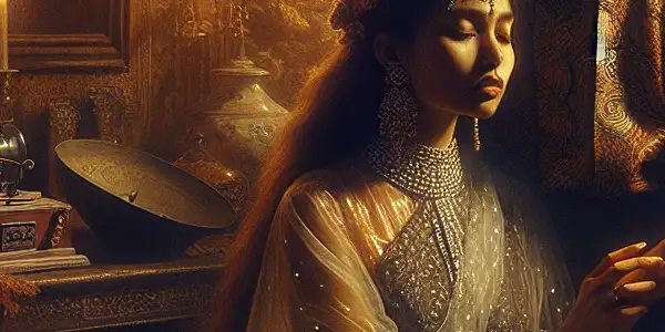 A couple shares an intense gaze in an opulent, dimly lit room filled with romantic elements.