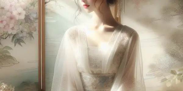 A serene indoor scene featuring a youthful woman surrounded by flowers, soft light, and traditional Japanese decor.