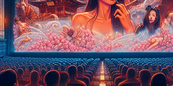 A dimly lit theater scene featuring diverse viewers captivated by abstract visuals, surrounded by cherry blossoms and lanterns.