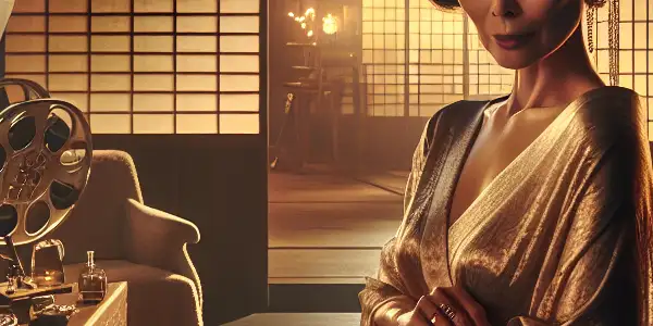 A confident mature woman in a flowing kimono poses in a warmly lit Japanese-themed room filled with traditional decor.