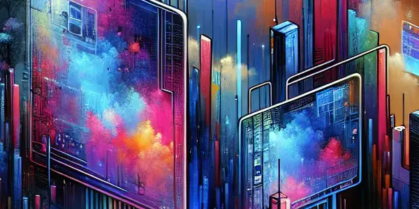 Futuristic digital landscape representing an adult film platform with glowing screens and cyberpunk city elements.