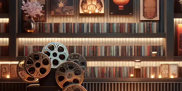 A cozy room featuring a vintage bookshelf and plush armchair, hinting at the world of adult entertainment.