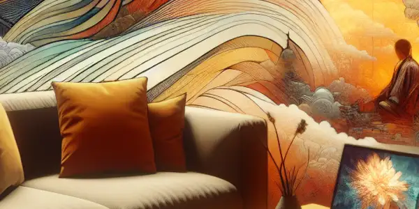 A cozy room with a plush couch, adult films, and a laptop, symbolizing exploration and intimacy in adult experiences.