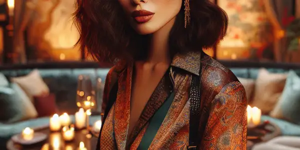 A charismatic actress in an intimate, stylish room exuding romance and allure, surrounded by elegant decor and soft lighting.