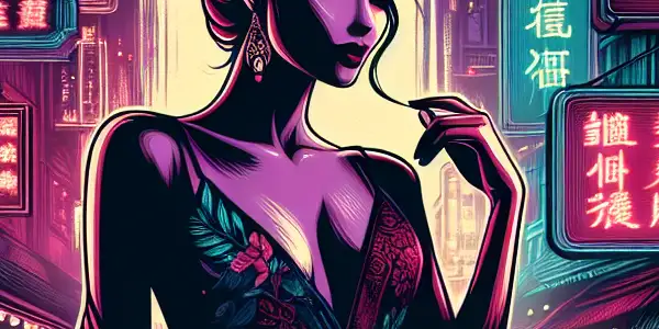 Li Lianying in a glamorous pose amidst neon-lit Hong Kong streets, blending traditional and modern fashion elements.