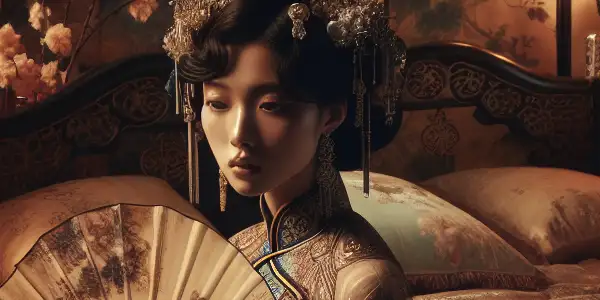 A sensual portrayal of Li Xiangjun in ornate traditional dress, set in an intimate, romantic Chinese environment.
