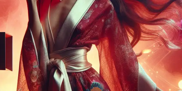 A confident woman in a stylish kimono-inspired outfit poses on a film set adorned with cherry blossoms and soft lighting.