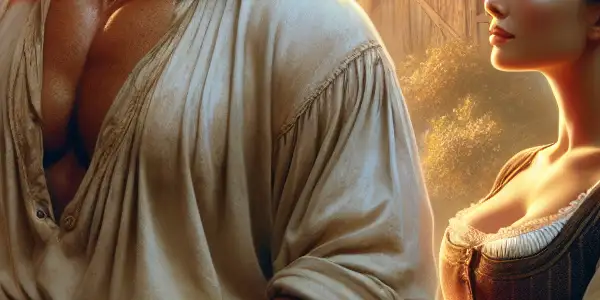 A village chief and a young woman share a moment of admiration amidst a picturesque rural setting.