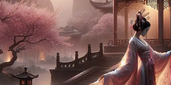 A graceful figure in a twilight Chinese garden, surrounded by cherry blossoms and traditional architecture, embodies allure and emotion.