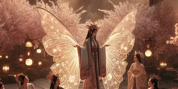 A whimsical scene of classical Chinese beauties in a cherry blossom garden, embodying allure and elegance.