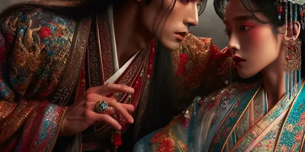 A passionate embrace between Jia Baoyu and Lin Daiyu in a lavish, ancient Chinese setting.