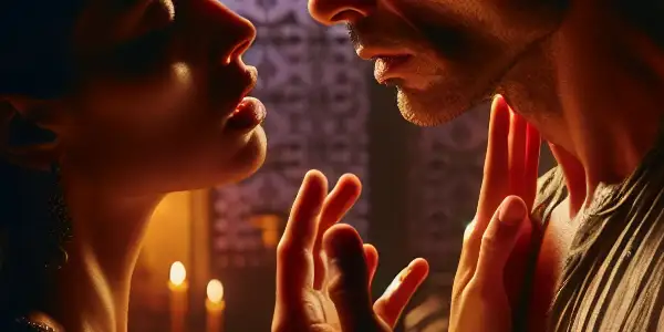 A passionate male and female duo express intense emotions in an intimate, softly lit room.