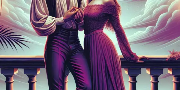 A passionate modern interpretation of Romeo and Juliet on a romantic balcony under a moonlit sky.